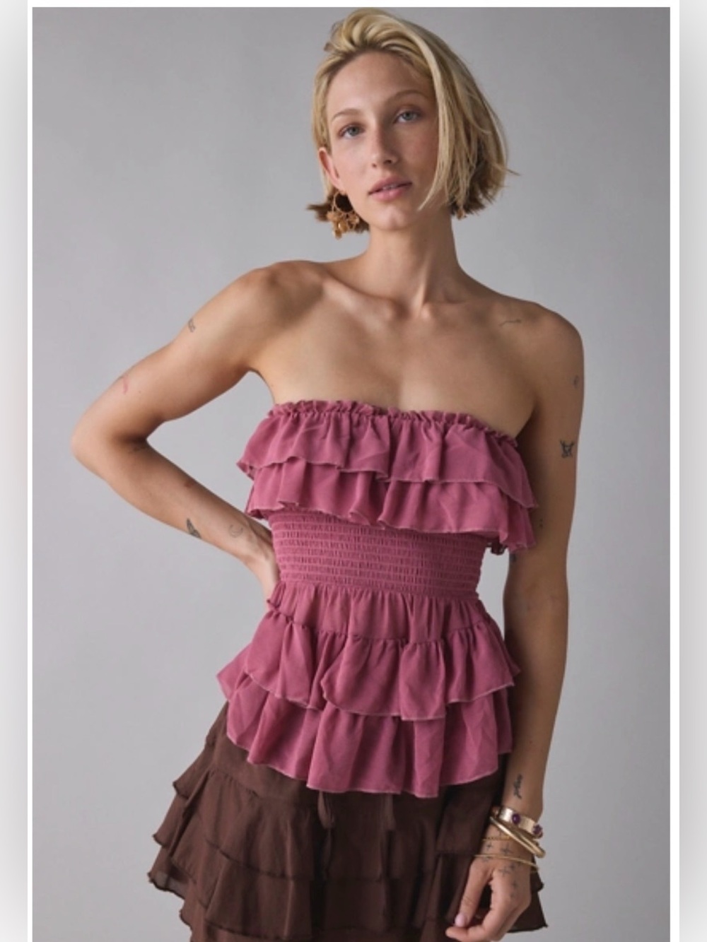 Kimchi Blue Connie Tiered Ruffle Babydoll Tube Top; Mauve; size S